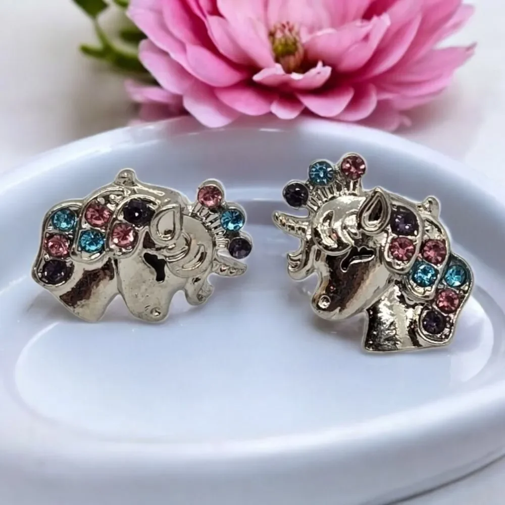 Unicorn Rhinestone Silver Earrings Sparkly Pierced Ears Fantasy Fashion Jewelry